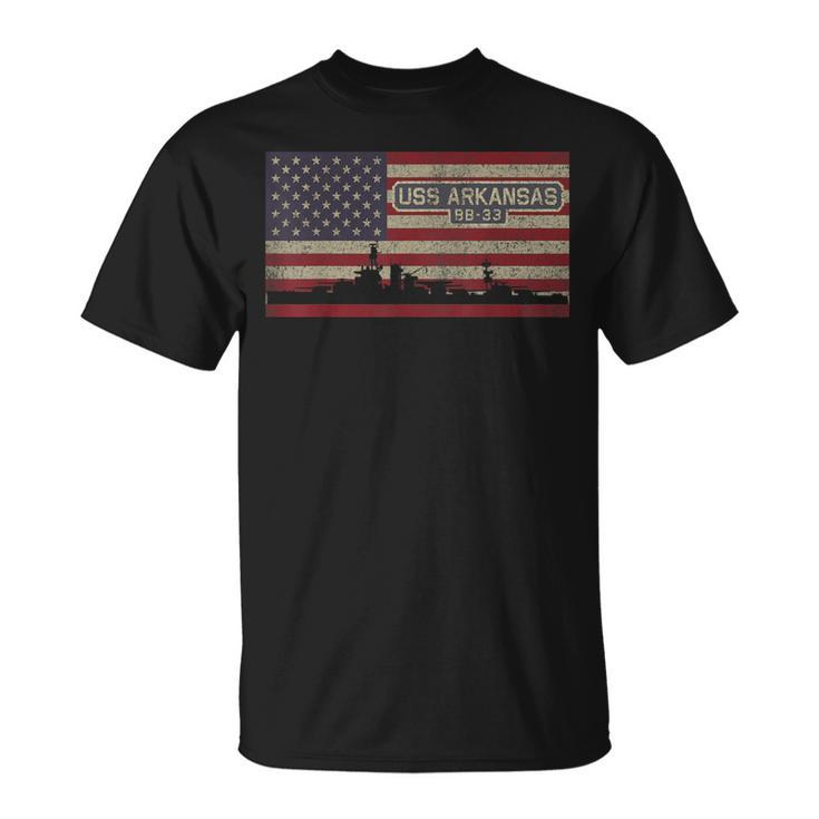 Uss Arkansas Bb-33 Ww1 Ww2 Battleship Usa American Flag T-Shirt