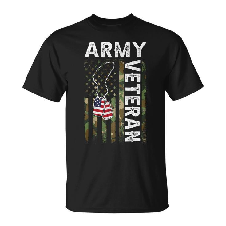 Veteran Vets Us Army Veteran Usa America Camo Flag And Military Dog Tag Veterans Unisex T-Shirt