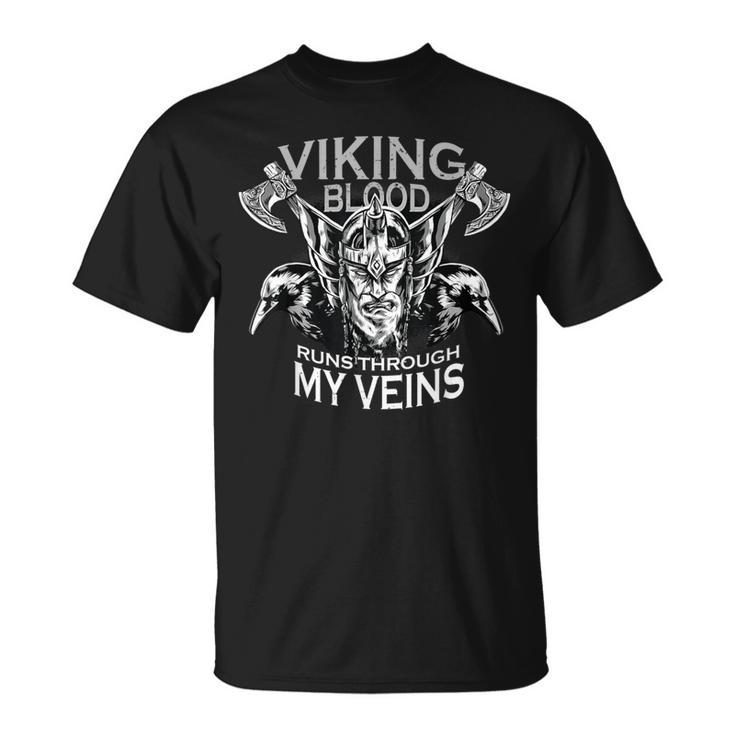 Viking Blood Runs Through My Veins Bearded Viking Warrior T-Shirt