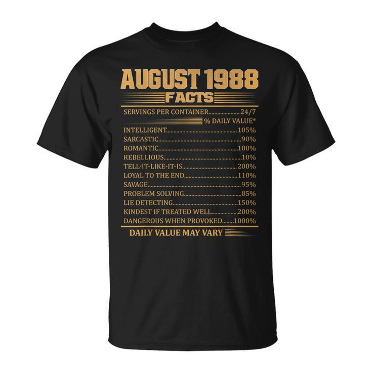 Vintage 30Th Birthday Made In August 1988 Facts  Unisex T-Shirt
