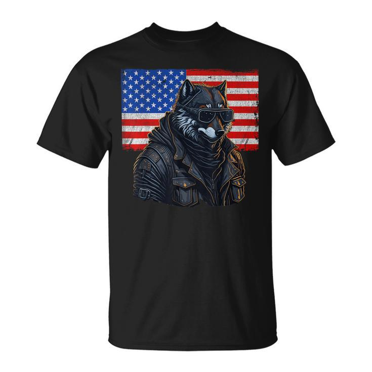 Vintage Patriotic Biker Wolf Shades Rustic American Flag Usa  Unisex T-Shirt