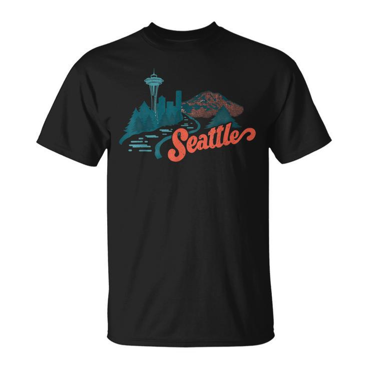 Vintage Retro Seattle Skyline And Nature Landscape T-Shirt
