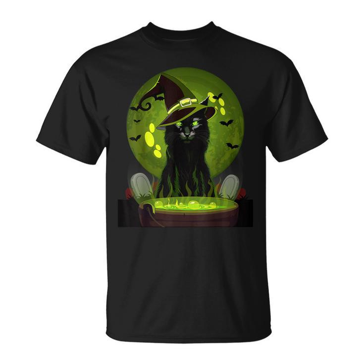 Vintage Scary Halloween Cat Witch Hat Moon Costume T-Shirt