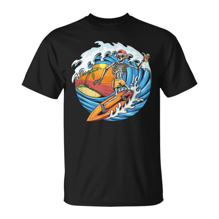 Vintage Summer Surfingskeleton Finger Waves Palm Trees  Unisex T-Shirt
