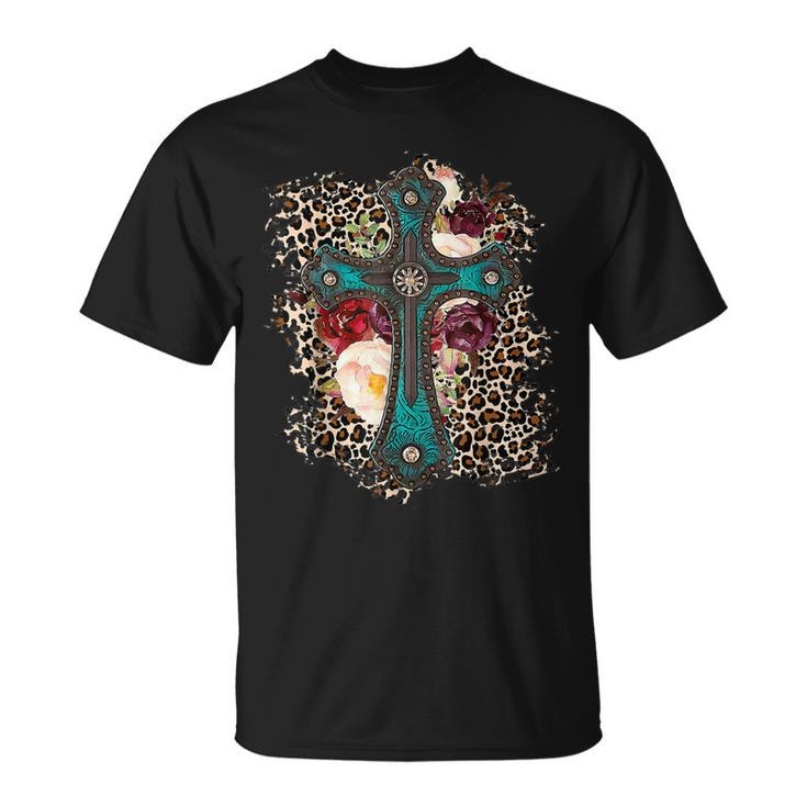 Western Leopard Flowers Cross Christian Cowgirl Unisex T-Shirt
