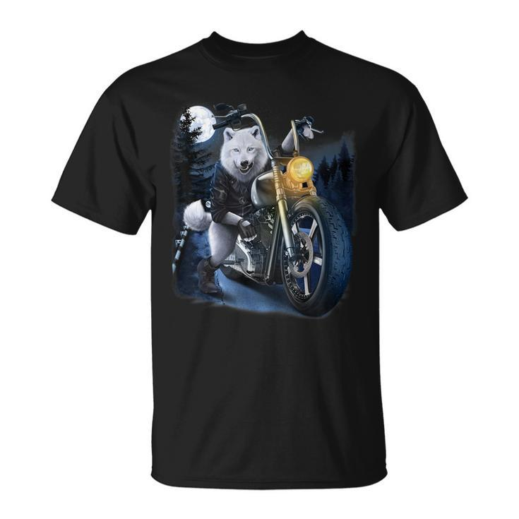 Wolf Riding Chopper Motorcycle In Full Moon Unisex T-Shirt