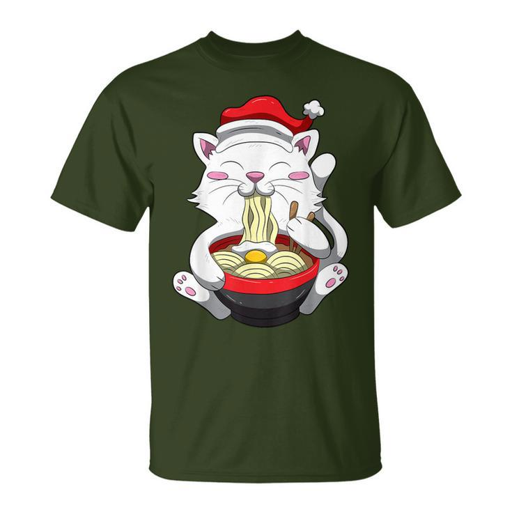 Anime Cat With Santa Hat Cute Kitten Ramen Christmas Season T-Shirt