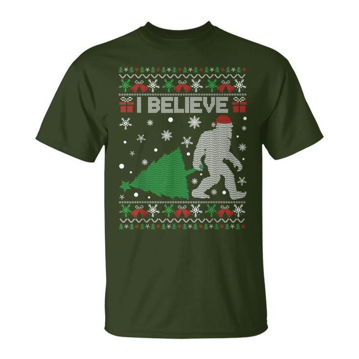 I Believe Big Foot Sasquatch Ugly Christmas Holiday T-Shirt