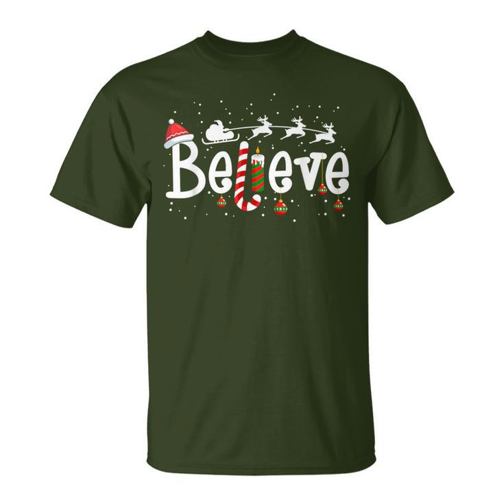 Believe Christmas Santa Claus Reindeer Candy Cane Xmas T-Shirt
