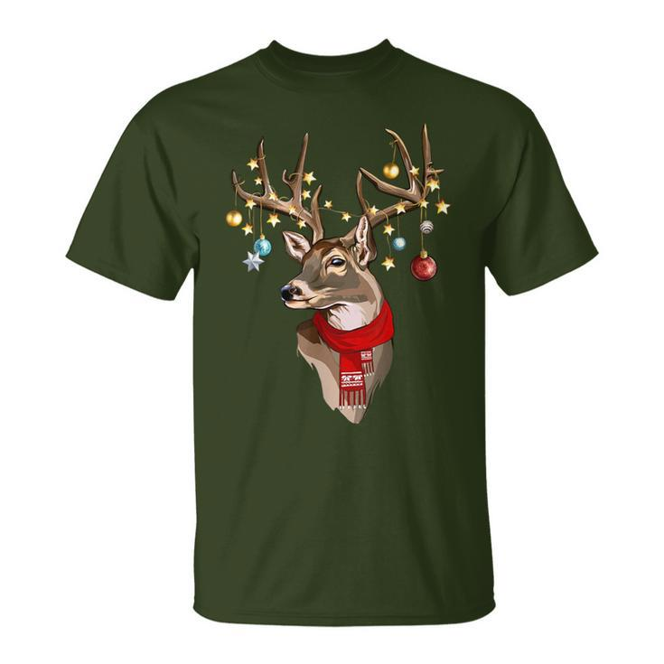 Buck Deer Antlers Christmas Lights Scarf Xmas Party T-Shirt