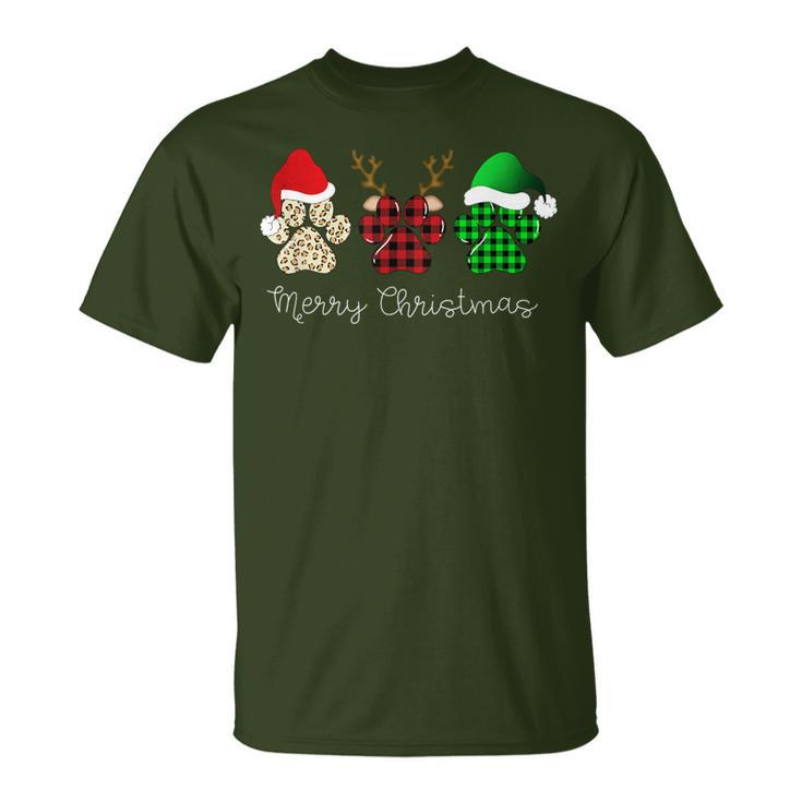 Buffalo Plaid Print Dog Paw Dog Lover Merry Christmas Party T-Shirt