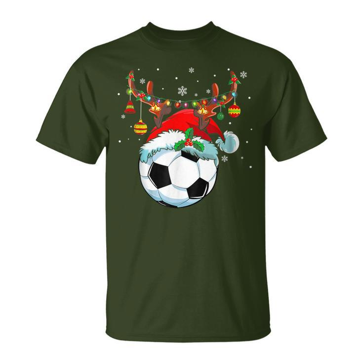 Christmas Soccer Player Santa Hat Lights Ball Xmas Pajama T-Shirt