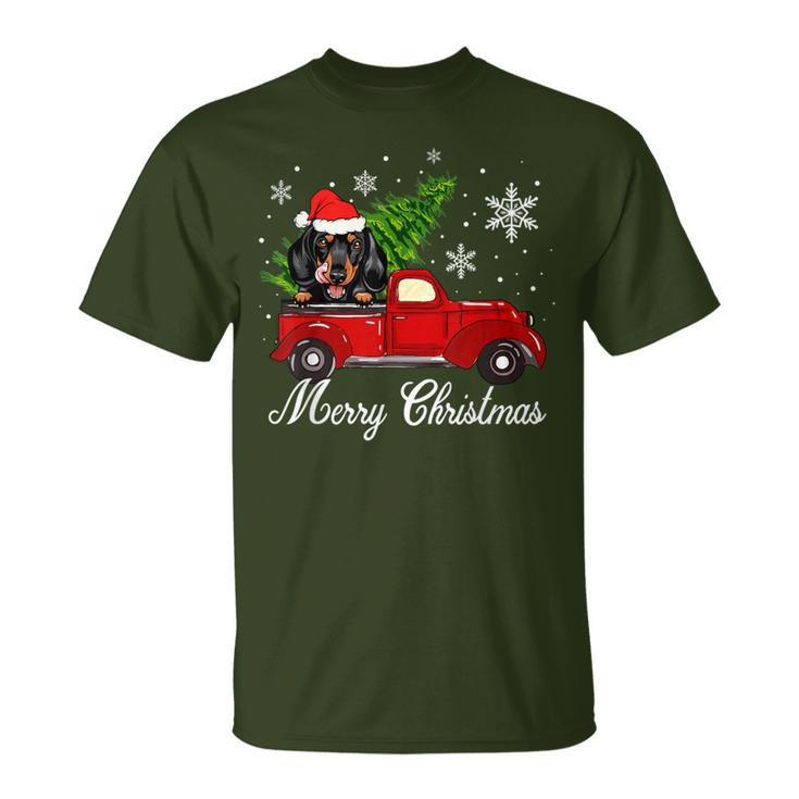 Dachshund Dog Riding Red Truck Christmas Decorations Pajama T-Shirt
