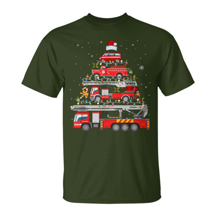 Firefighter Fire Truck Christmas Tree Lights Santa Fireman T-Shirt