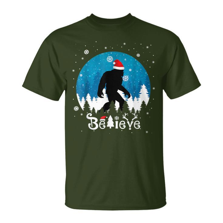 Christmas Xmas Bigfoot Believe Sasquatch In Moon Light T-Shirt
