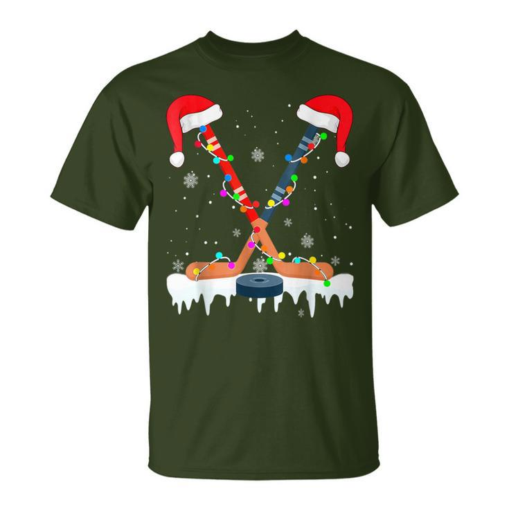 Hockey Santa Hat Christmas Lights Sport Boys Xmas Pjs T-Shirt
