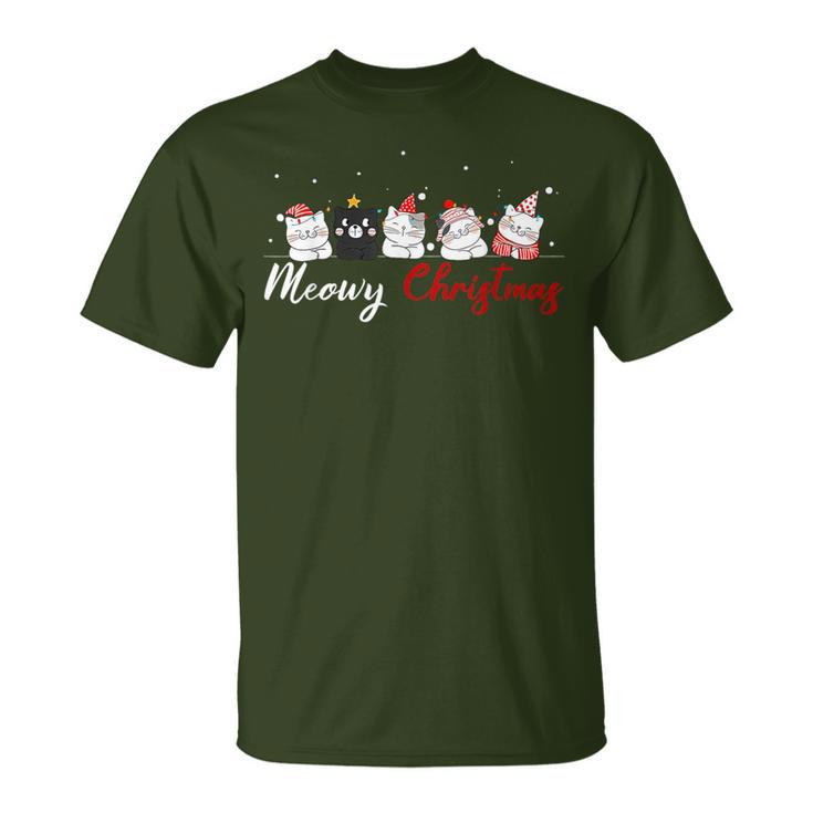 Meowy Catmas Santa Hat Xmas Cat Lover Christmas Lights T-Shirt