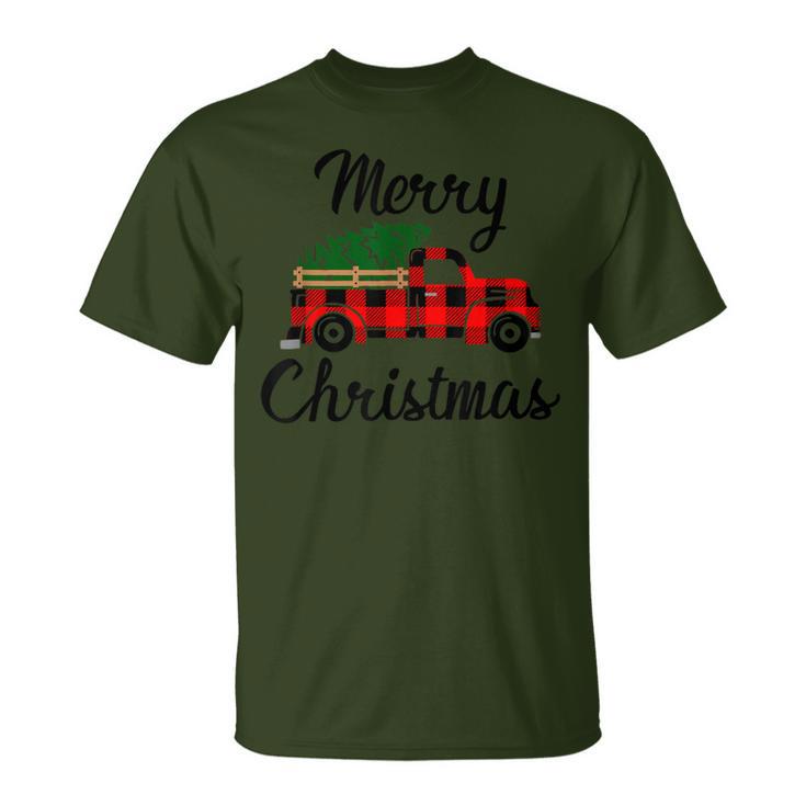 Merry Christmas Tree On Buffalo Plaid Truck T-Shirt