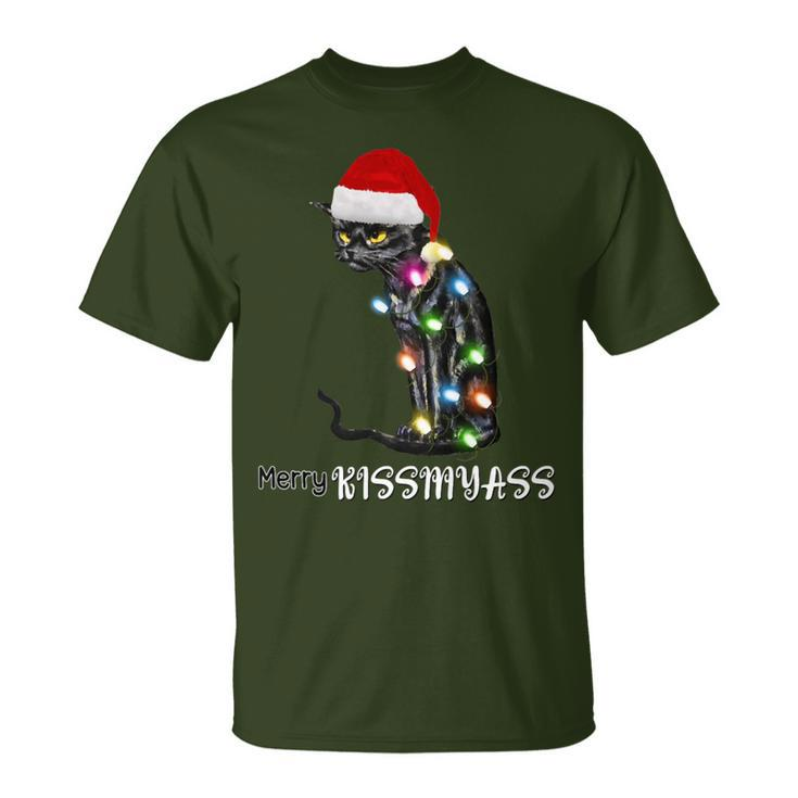 Merry Kissmyass Cat Christmas Lights T-Shirt