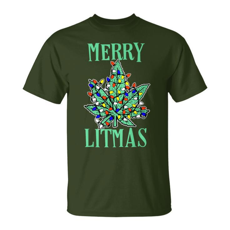 Merry Litmas Pot Leaf Christmas Tree Lights Marijuana T-Shirt