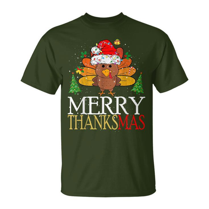 Merry Thanksmas Happy Thanksgiving Santa Turkey T-Shirt