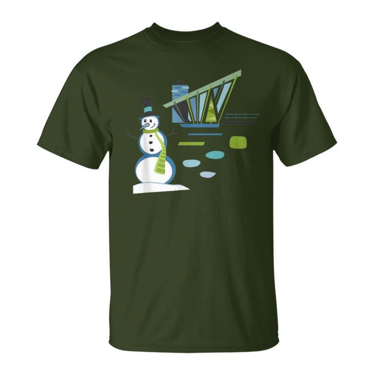 Mid Century Christmas House And Snowman T-Shirt