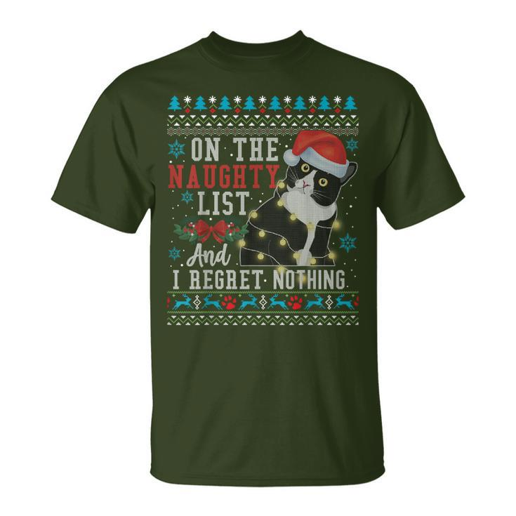 On The Naughty List And I Regret Nothing Cat Christmas Men's T