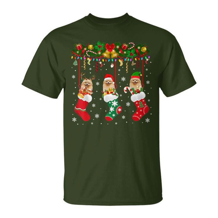 Pomeranian In Sock Xmas Reindeer Santa Elf Dog T-Shirt