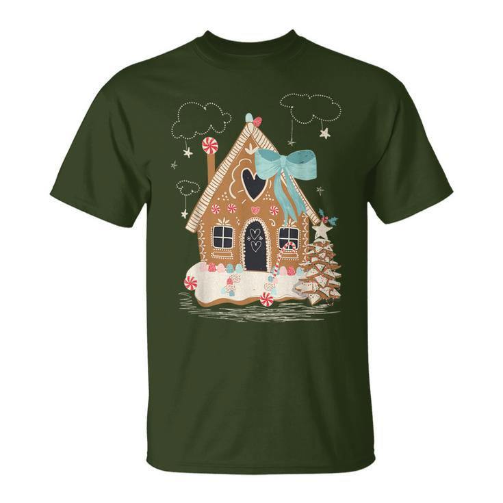 Santa Gingerbread House Christmas Holiday Season Snowflakes T-Shirt
