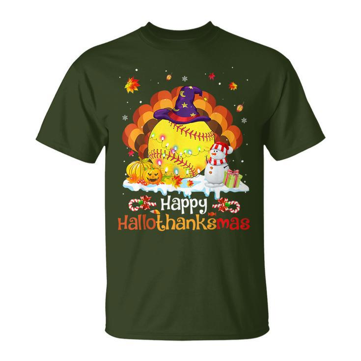 Softball Halloween Christmas Thanksgiving Hallothanksmas T-Shirt