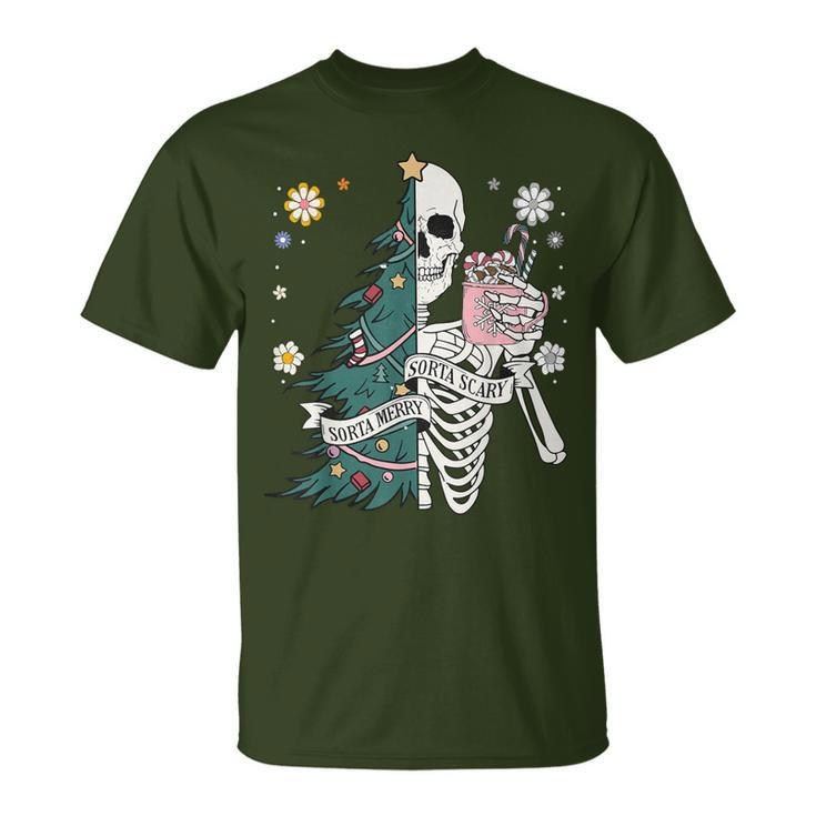 Sorta Scary Merry Sorta Christmas Skeleton Tree Santa T-Shirt