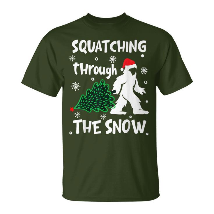 Squatching Through The Snow Christmas Sasquatch Santa Hat T-Shirt