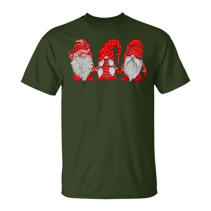 Three Gnomes In Red Costume Christmas Hanging With Gnomes T-Shirt