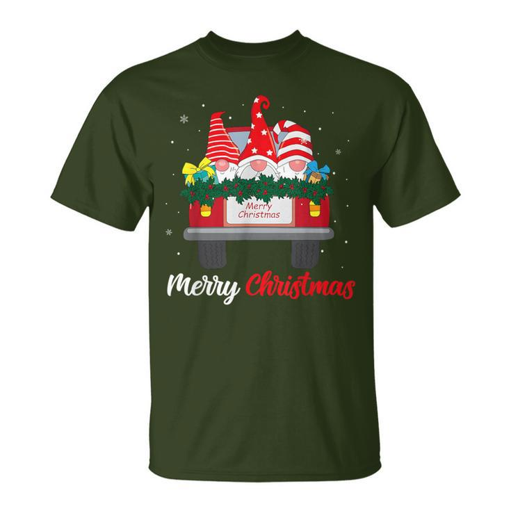 Three Gnomes In Red Truck With Merry Christmas Tree Family T-Shirt