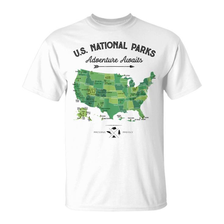 63 National Parks Map Us Park Retro Vintage Camping Hiking  Unisex T-Shirt