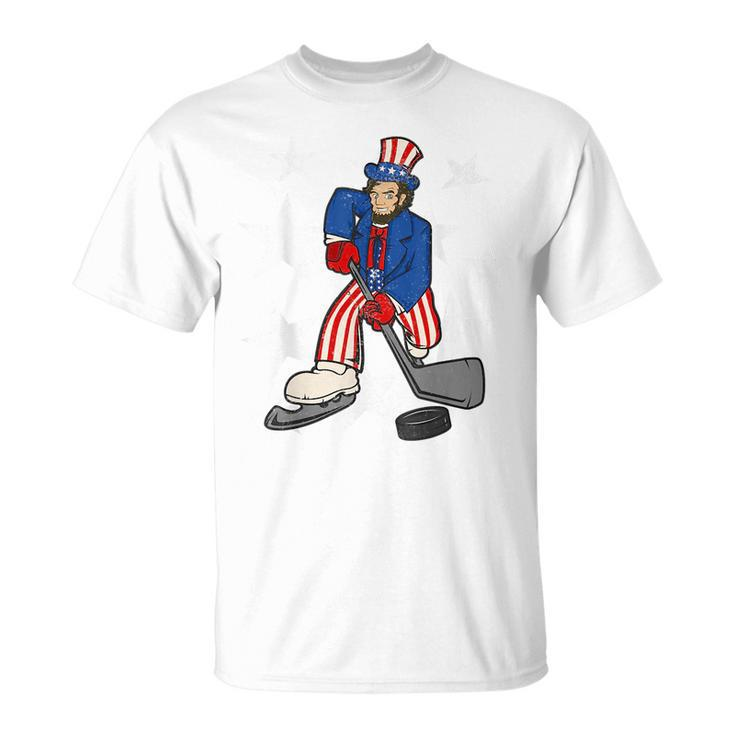 Abraham Lincoln Playing Hockey Funny 4Th Of July Hockey  Unisex T-Shirt