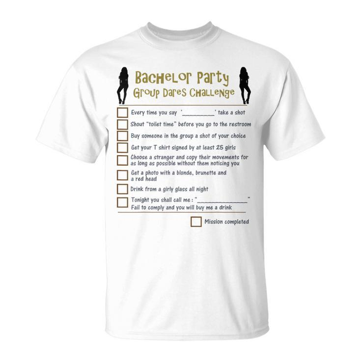 Bachelor Party Checklist Group Dares Challenge Stag Do Game T-Shirt