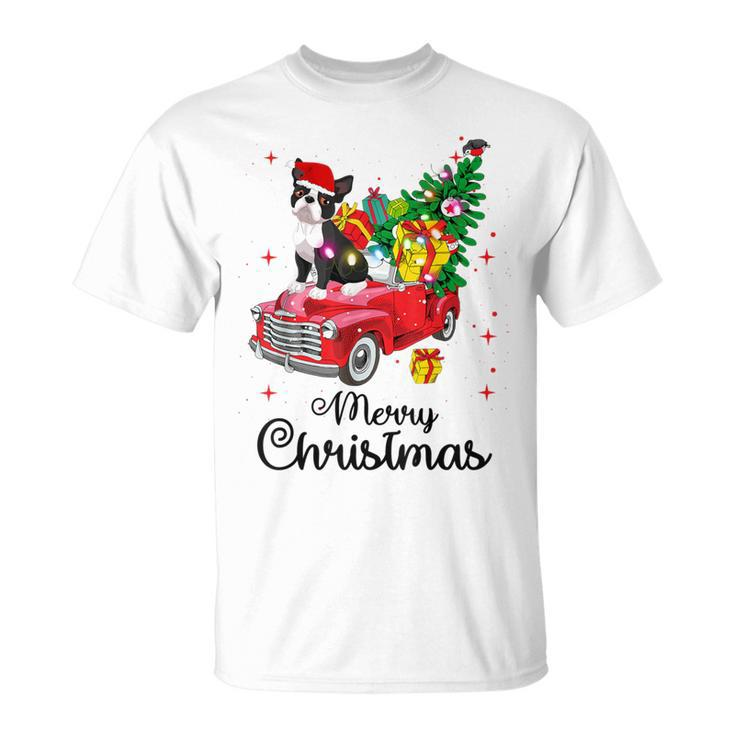 Boston Terrier Ride Red Truck Christmas Pajama T-Shirt