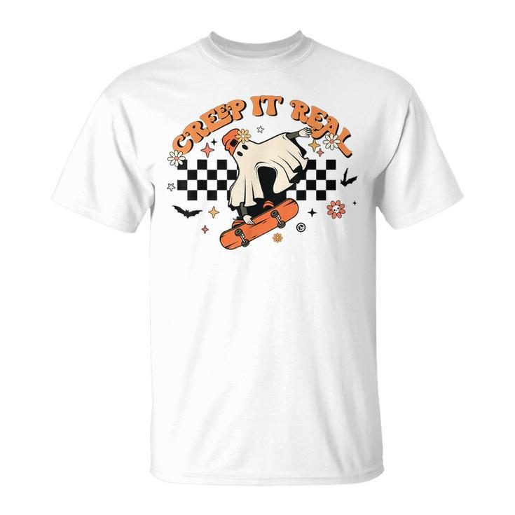 Creep It Real Retro Halloween Party Funny Ghost Skateboard IT Funny Gifts Unisex T-Shirt