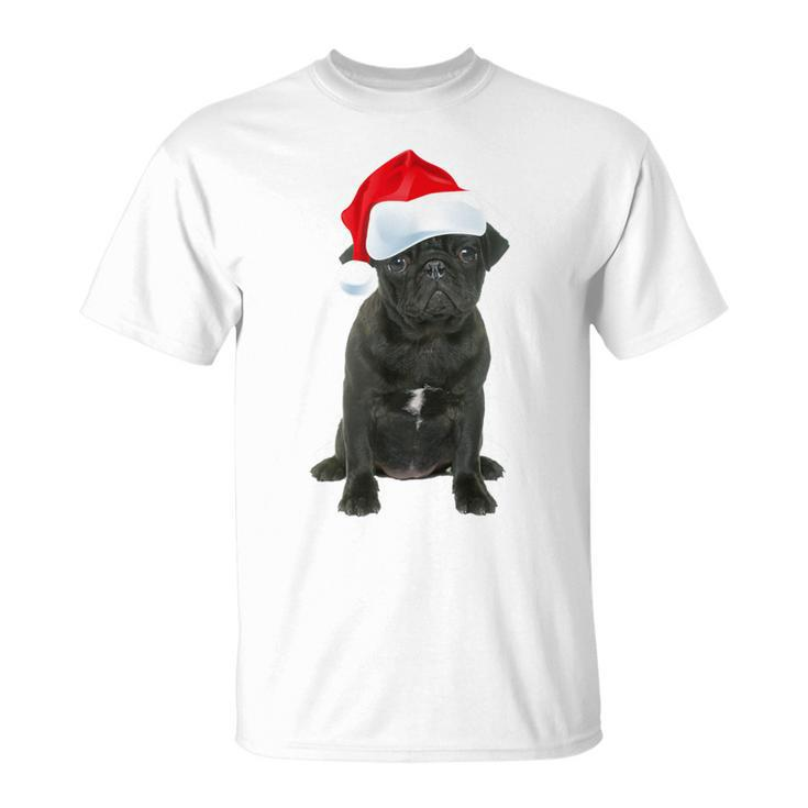 Cute Black Pug Santa Hat Matching Christmas Fun T-Shirt