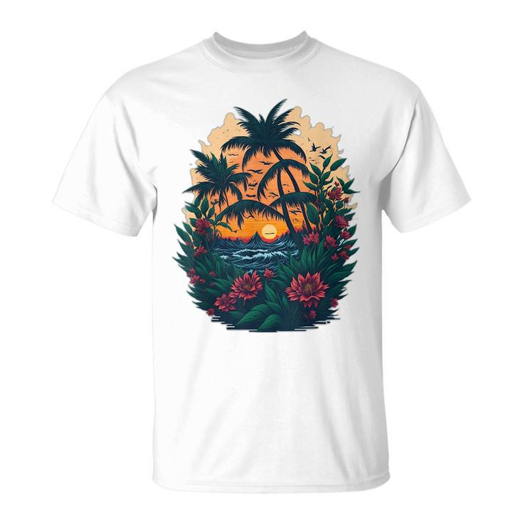 Cute Mountain Sunset Palm Trees Ocean Graphic  Unisex T-Shirt
