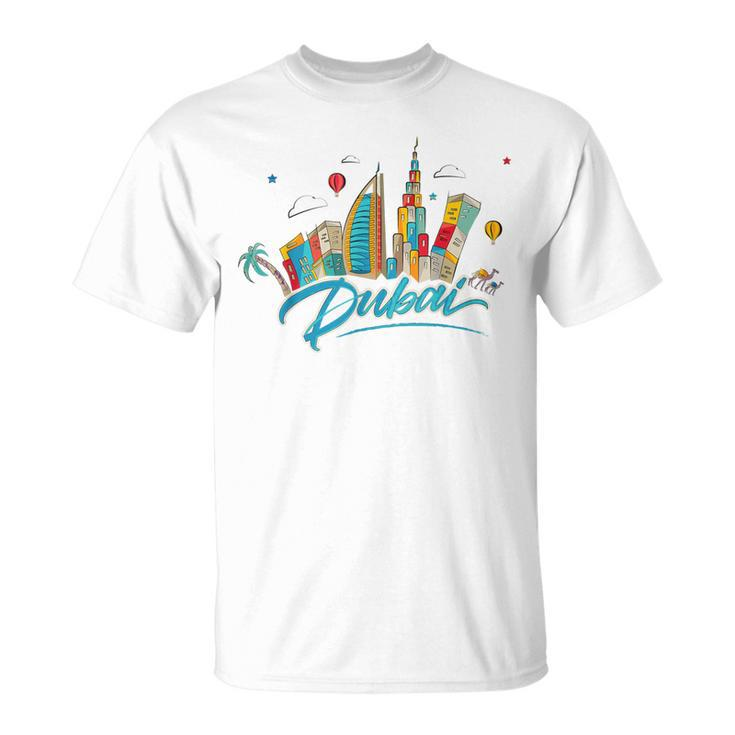 Dubai Skyline Souvenir Famous Buildings Typography T-Shirt