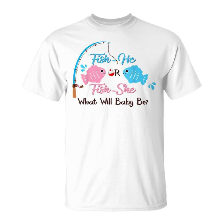 Fish-He Or Fish-She Gender Reveal Decorations Gone Fishing Men's T-shirt  Back Print - Monsterry