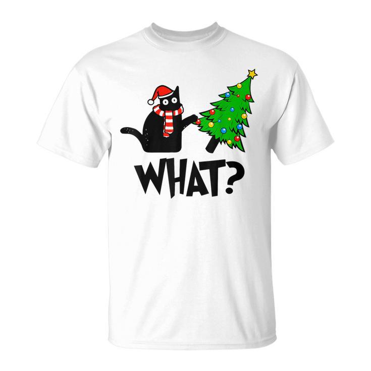 Black Cat Pushing Christmas Tree Over Cat What T-Shirt