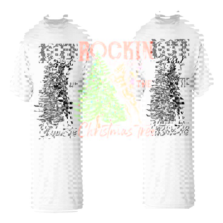 Funny Cowgirl Horsing Rocking Around Christmas Tree Western Unisex T-Shirt
