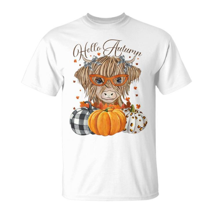 Hello Autumn Fall Highland Cow Pumpkins Thanks Giving  Unisex T-Shirt