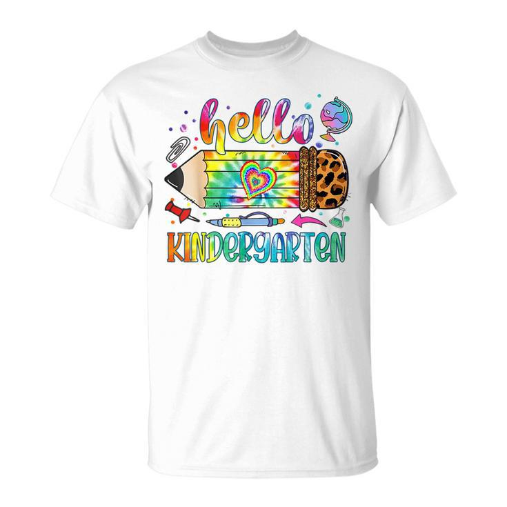Hello Kindergarten Leopard Pencil Tie Dye Back To School T-Shirt