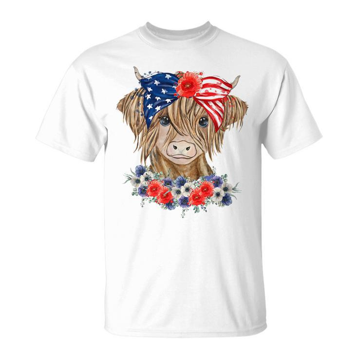 Highland Cow Heifer Bandana American Flag 4Th Of July  Unisex T-Shirt