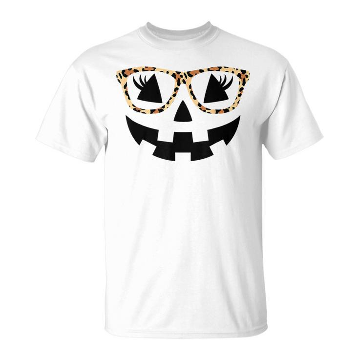 Jack O Lantern Face Pumpkin Hallowen Leopard Print Glasses T-Shirt