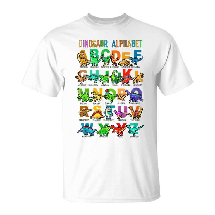 Kids Back To School Types Of Dinosaurs Alphabet Identification  Unisex T-Shirt